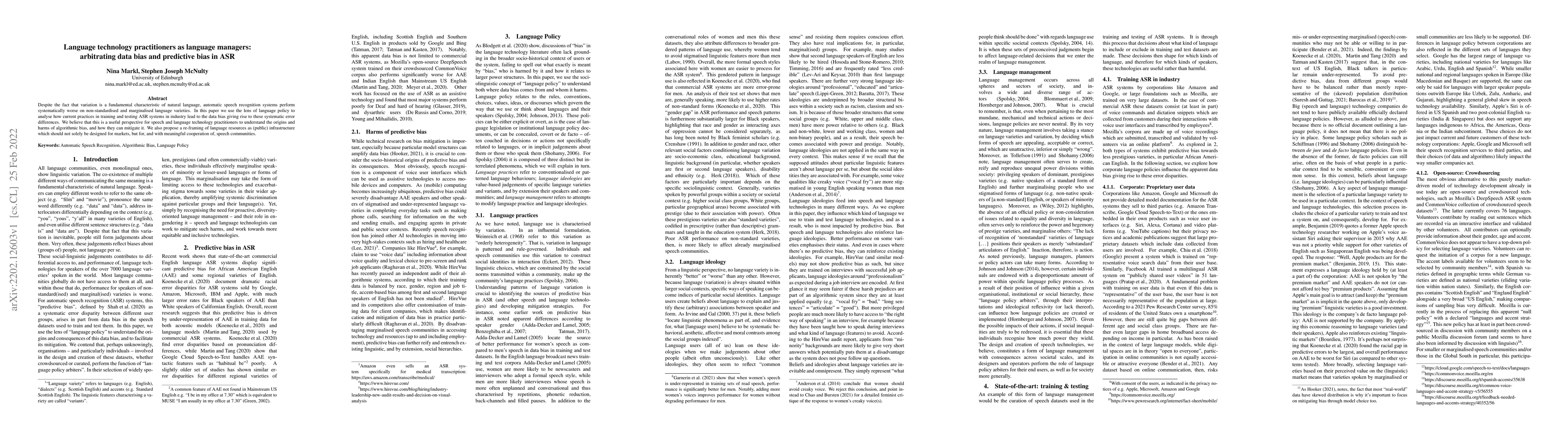 Thumbnail for Language technology practitioners as language managers: arbitrating data
  bias and predictive bias in ASR