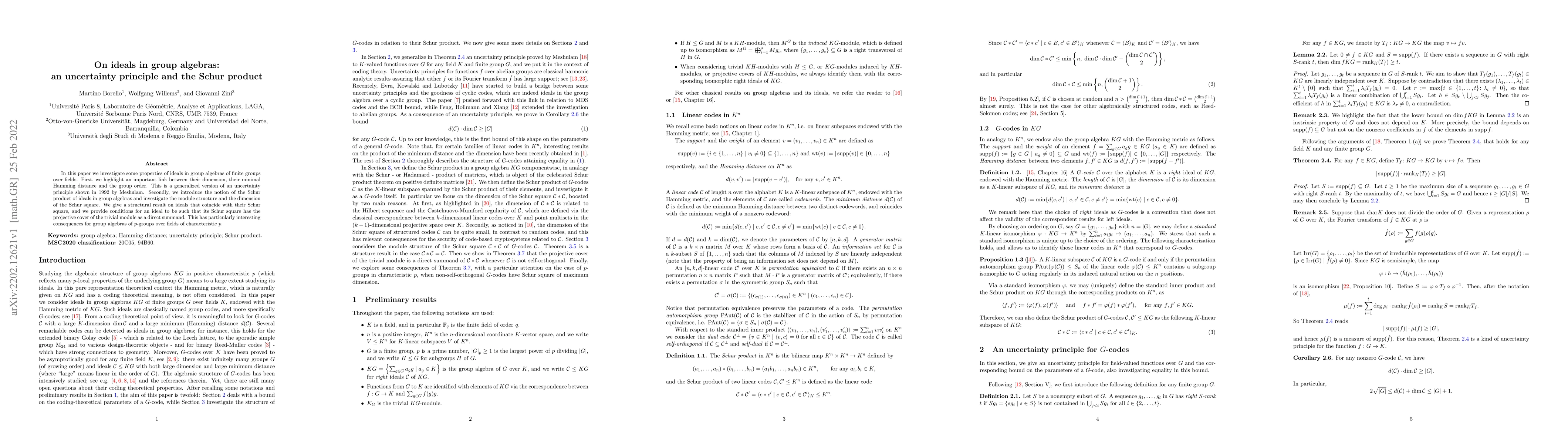 Thumbnail for On ideals in group algebras: an uncertainty principle and the Schur
  product