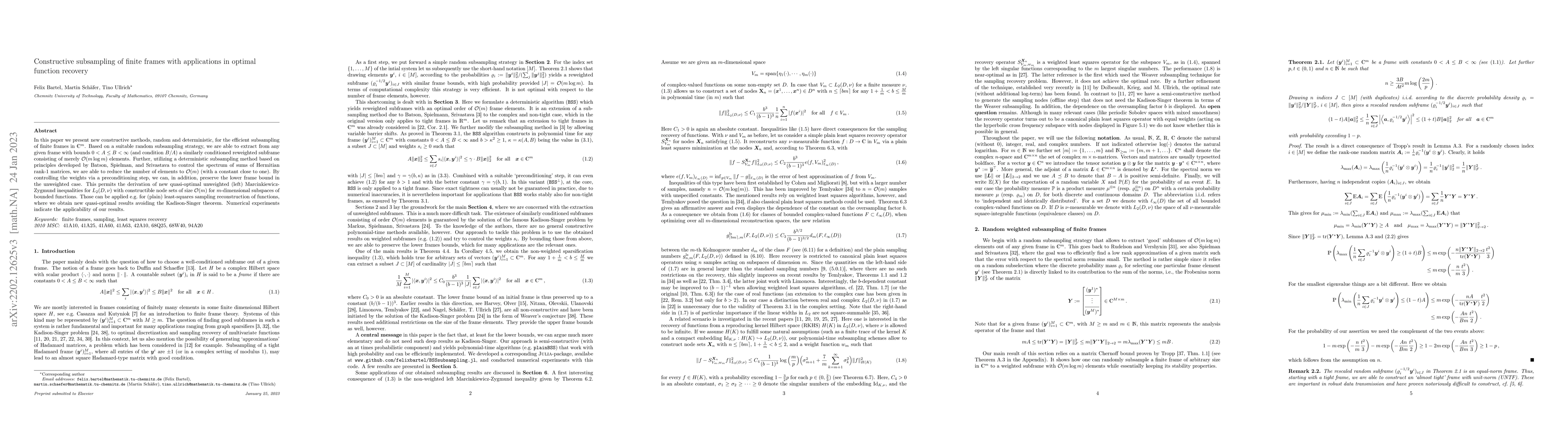 Thumbnail for Constructive subsampling of finite frames with applications in optimal
  function recovery