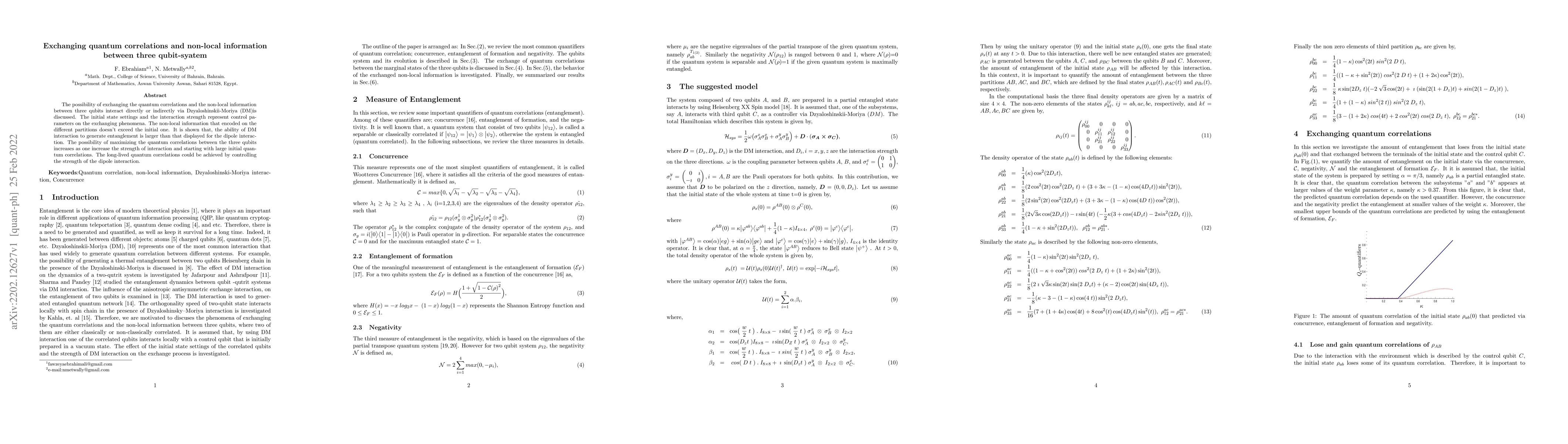 Thumbnail for Exchanging quantum correlations and non-local information between three
  qubit-syatem