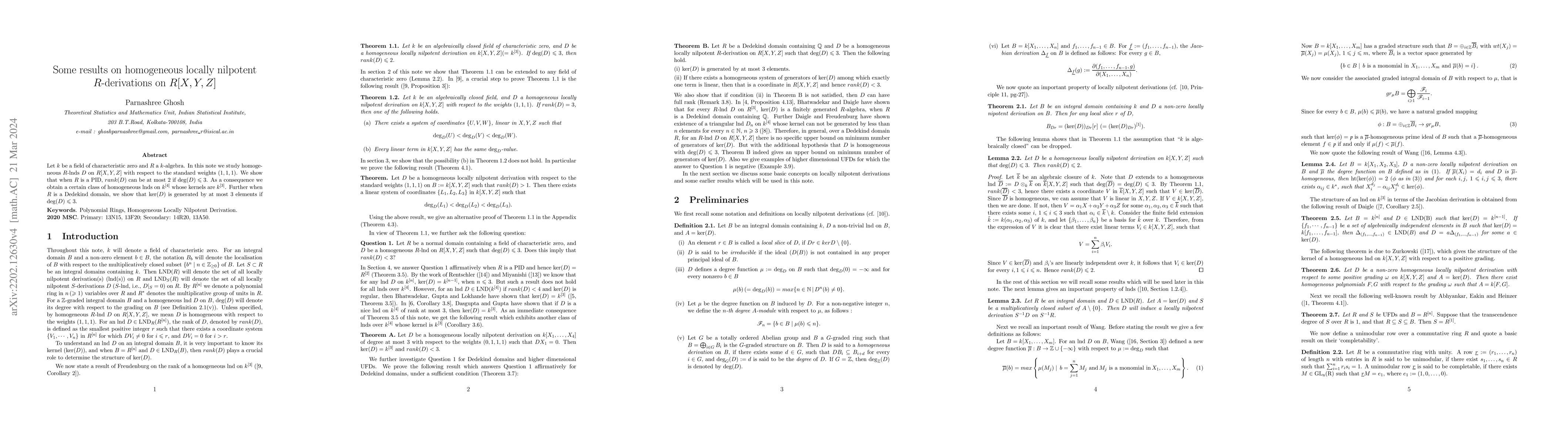 Thumbnail for Some results on homogeneous locally nilpotent $R$-derivations on
  $R[X,Y,Z]$
