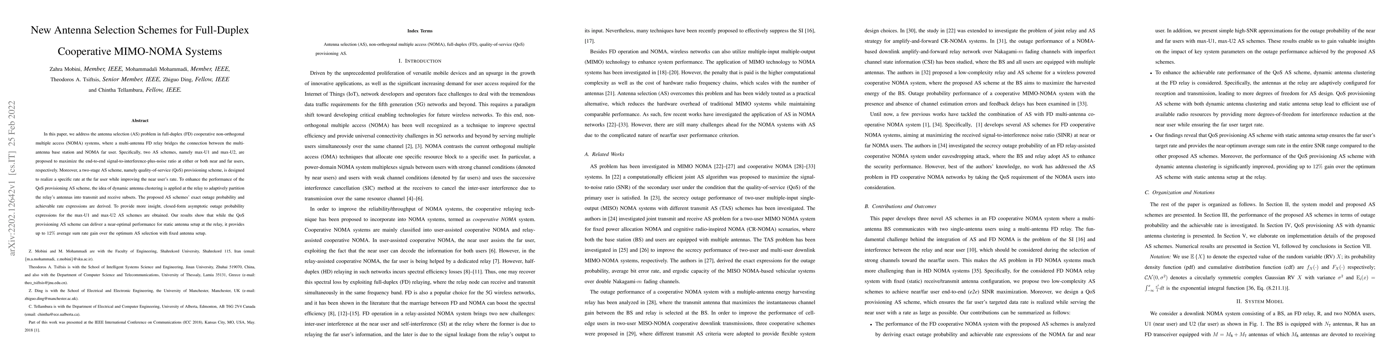 Thumbnail for New Antenna Selection Schemes for Full-Duplex Cooperative MIMO-NOMA
  Systems