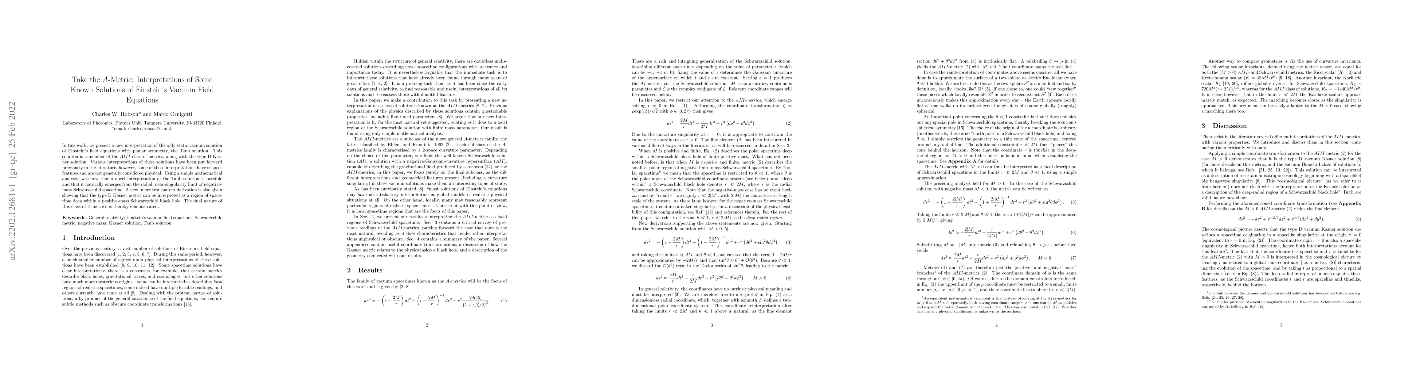 Thumbnail for Take the A-Metric: Interpretations of Some Known Solutions of Einstein's
  Vacuum Field Equations