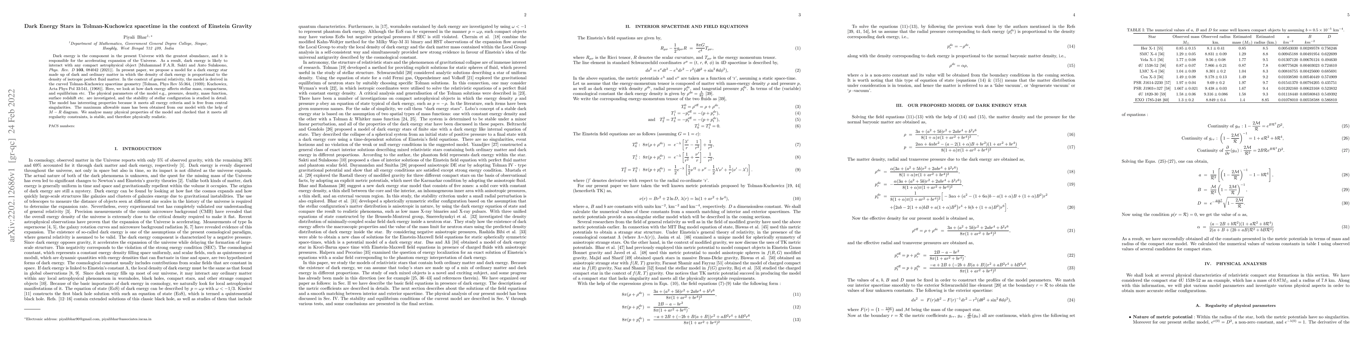 Thumbnail for Dark Energy Stars in Tolman-Kuchowicz spacetime in the context of
  Einstein Gravity