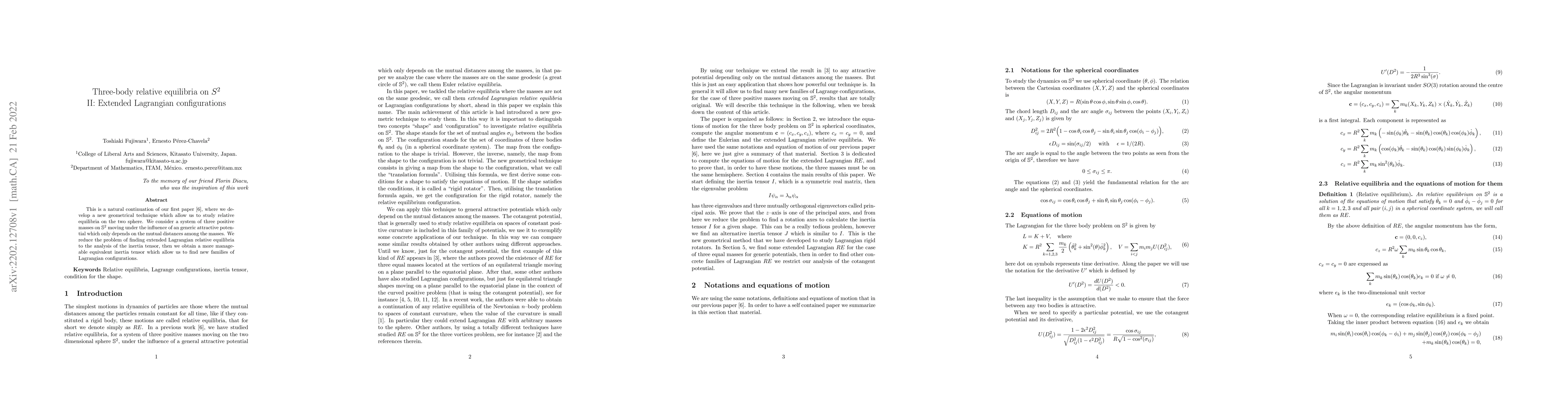 Thumbnail for Three-body relative equilibria on $S^2$ II: Extended Lagrangian
  configurations