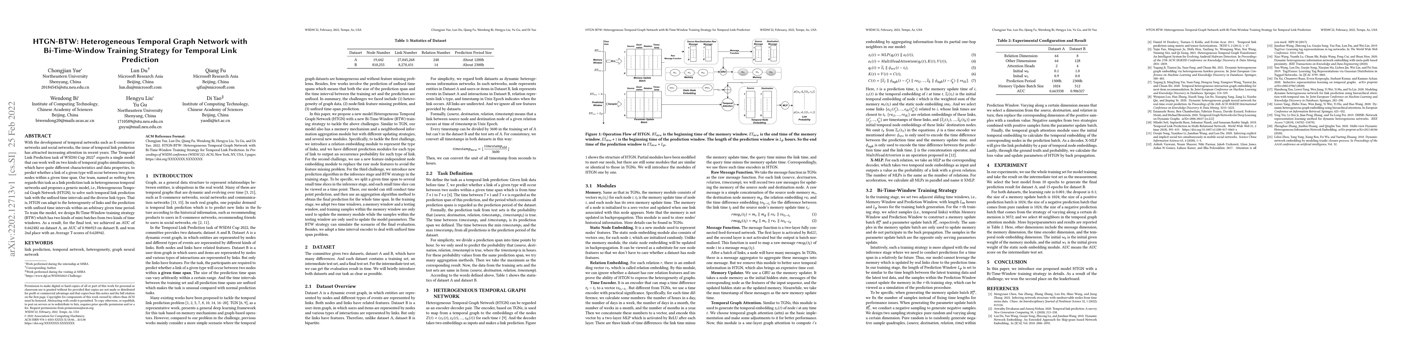 Thumbnail for HTGN-BTW: Heterogeneous Temporal Graph Network with Bi-Time-Window
  Training Strategy for Temporal Link Prediction