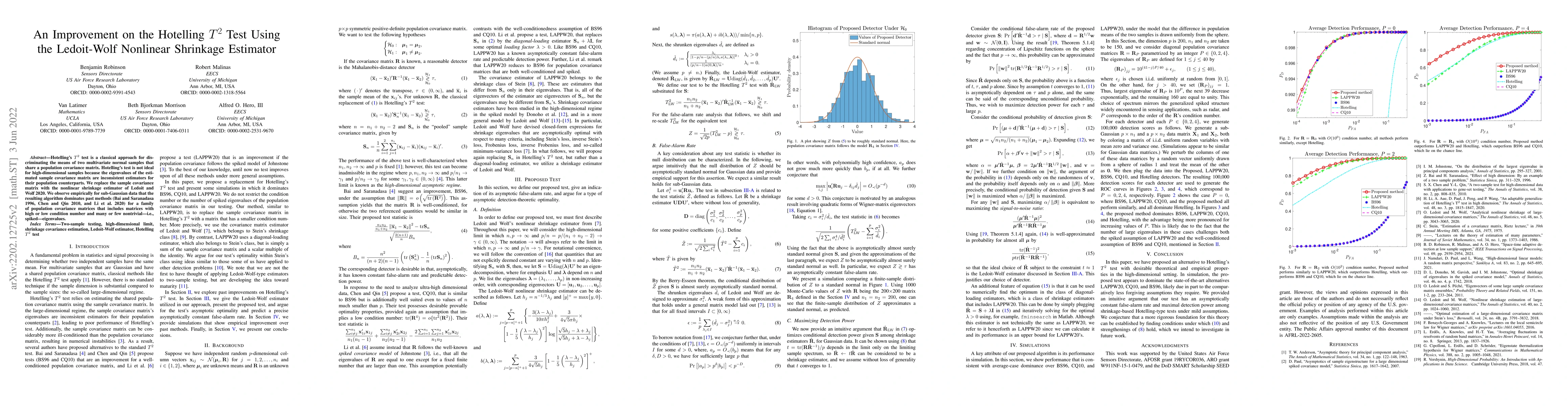 Thumbnail for An Improvement on the Hotelling $T^2$ Test Using the Ledoit-Wolf
  Nonlinear Shrinkage Estimator