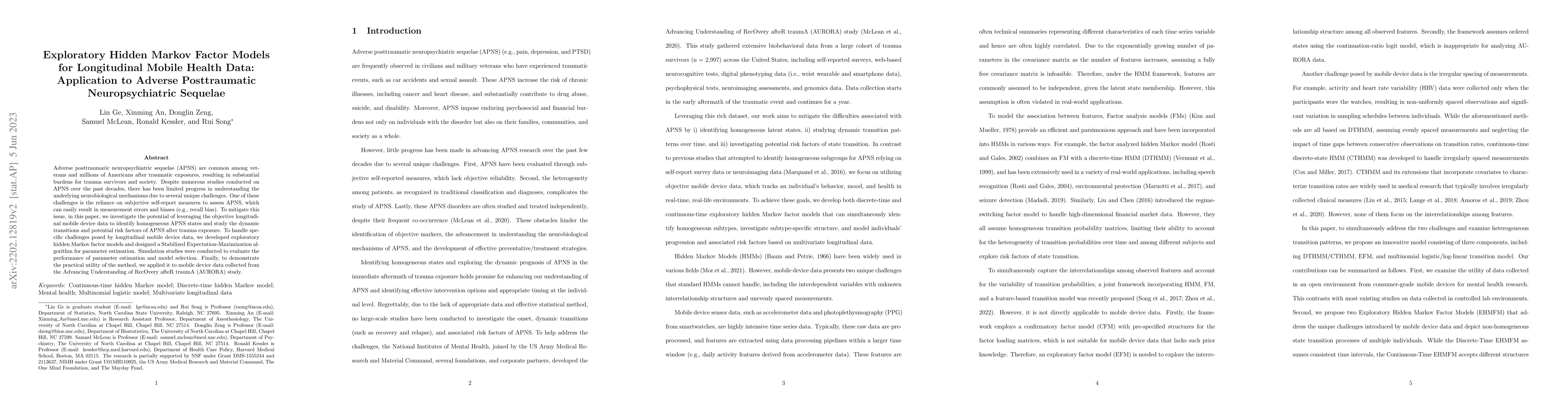 Thumbnail for Exploratory Hidden Markov Factor Models for Longitudinal Mobile Health
  Data: Application to Adverse Posttraumatic Neuropsychiatric Sequelae
