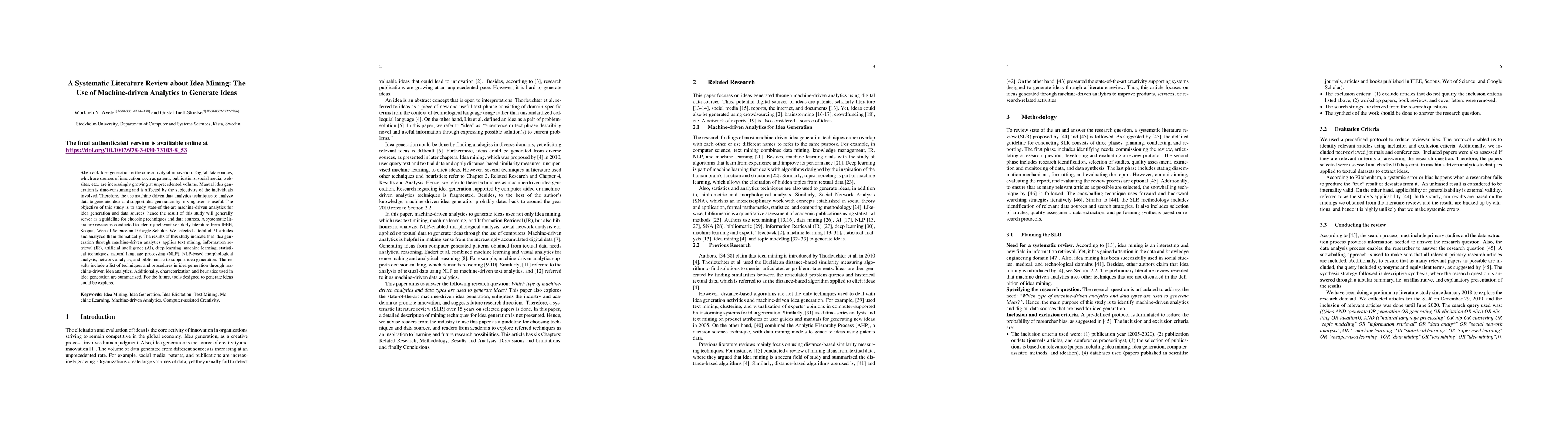 Thumbnail for A Systematic Literature Review about Idea Mining: The Use of
  Machine-driven Analytics to Generate Ideas