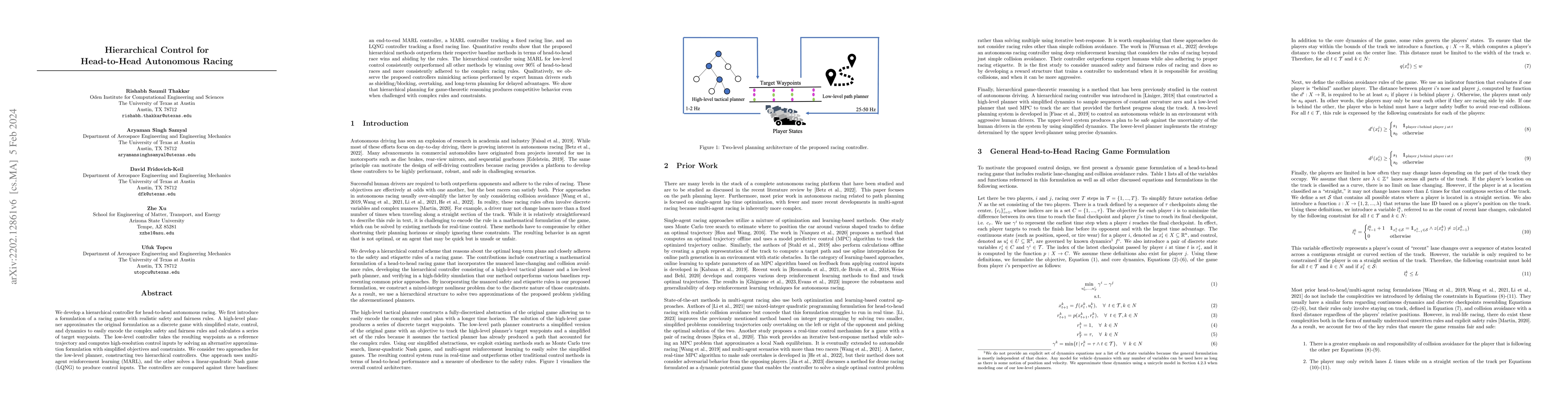 Thumbnail for Hierarchical Control for Head-to-Head Autonomous Racing