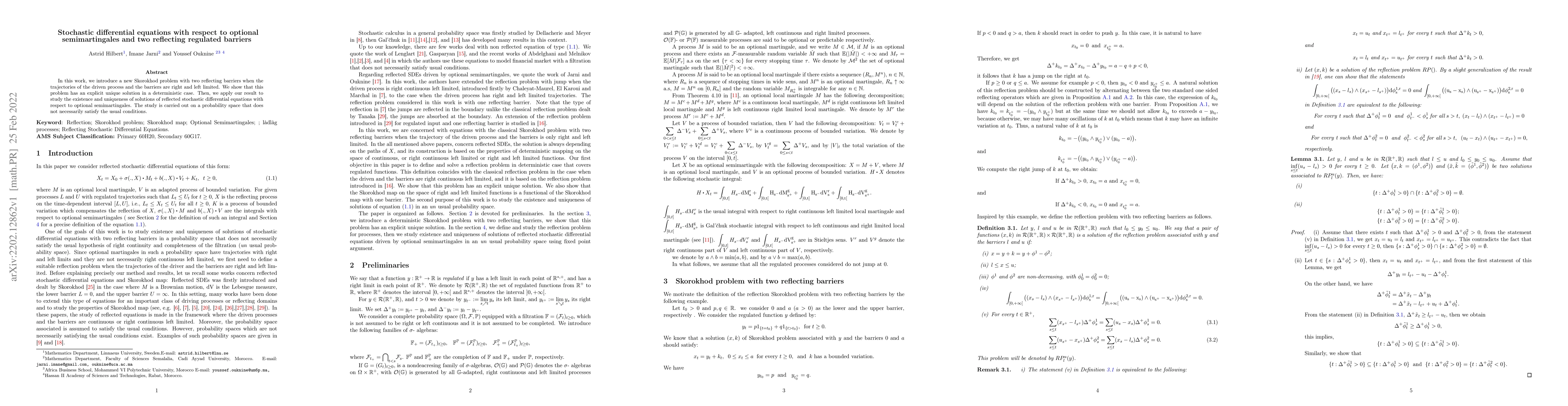 Thumbnail for Stochastic differential equations with respect to optional
  semimartingales and two reflecting regulated barriers