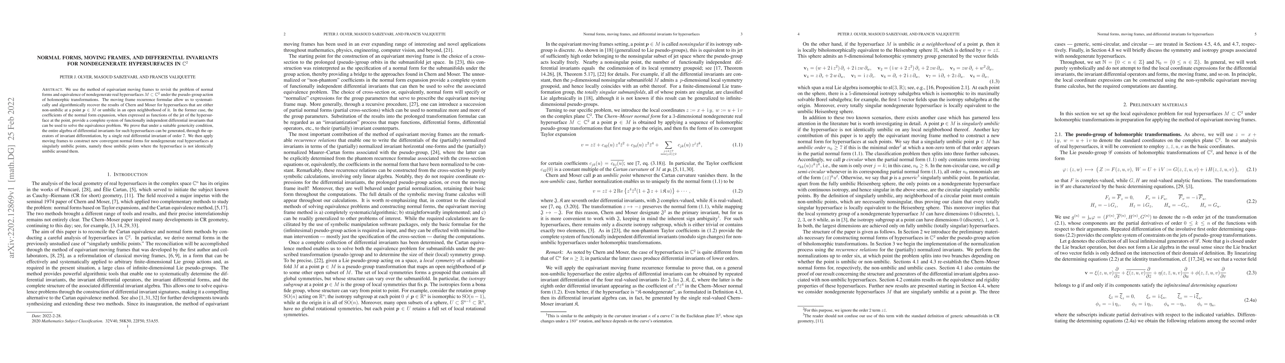 Thumbnail for Normal forms, moving frames, and differential invariants for
  nondegenerate hypersurfaces in C^2