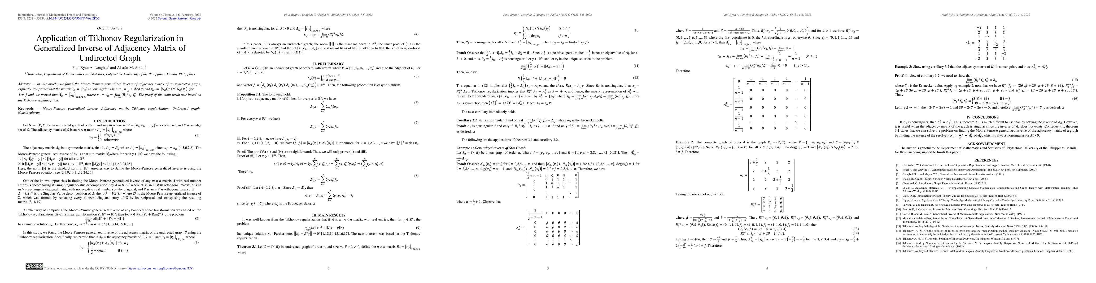 Thumbnail for Application of Tikhonov Regularization in Generalized Inverse of
  Adjacency Matrix of Undirected Graph