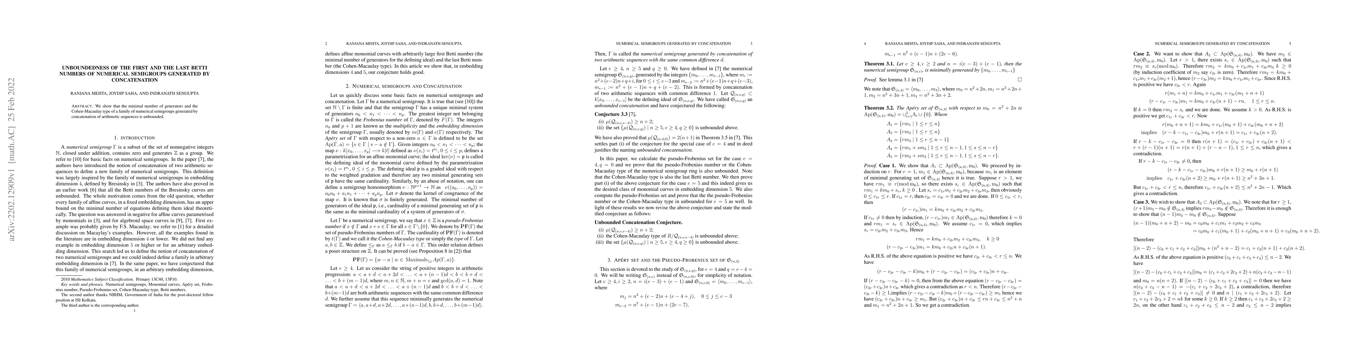 Thumbnail for Unboundedness of the first and the last Betti numbers of Numerical
  Semigroups Generated by Concatenation