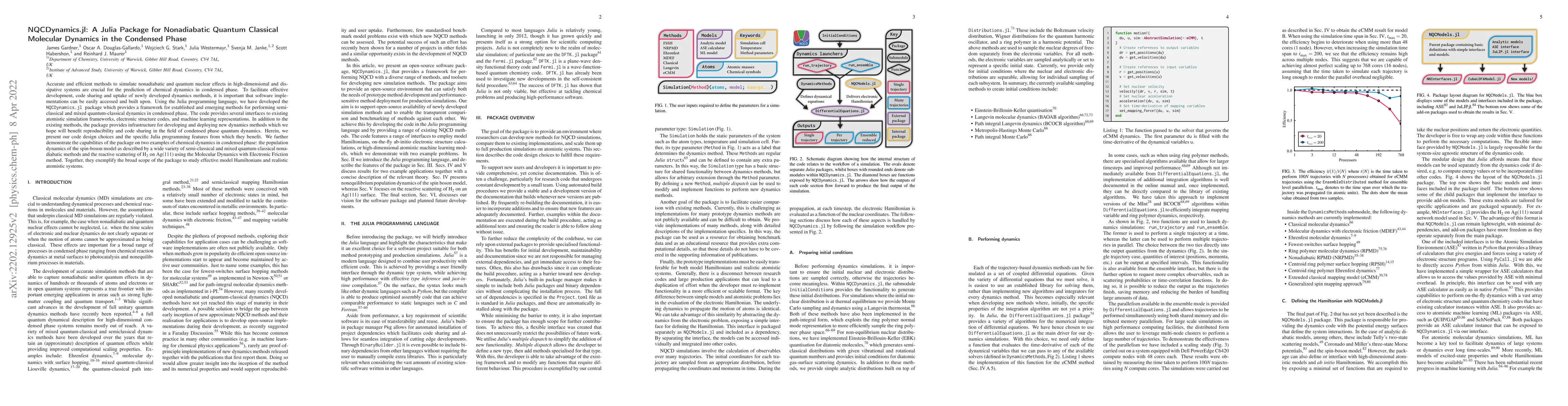 Thumbnail for NQCDynamics.jl: A Julia Package for Nonadiabatic Quantum Classical
  Molecular Dynamics in the Condensed Phase