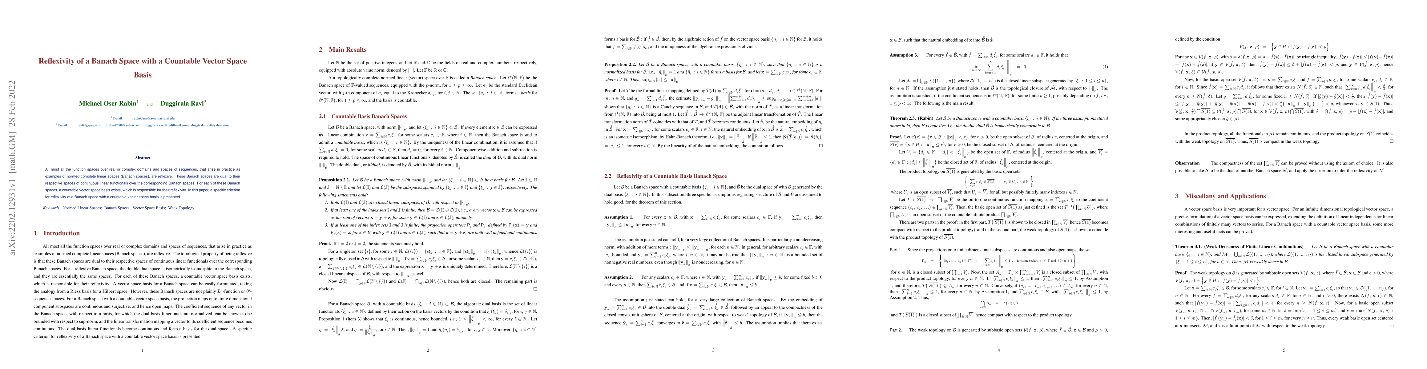Thumbnail for Reflexivity of a Banach Space with a Countable Vector Space Basis