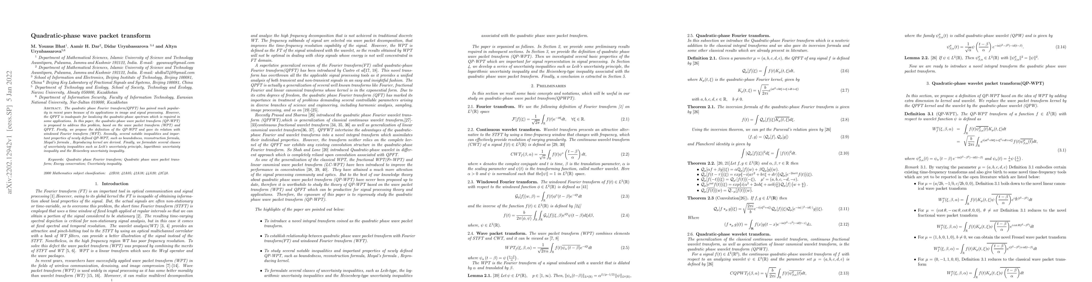 Thumbnail for Quadratic phase wave packet transform