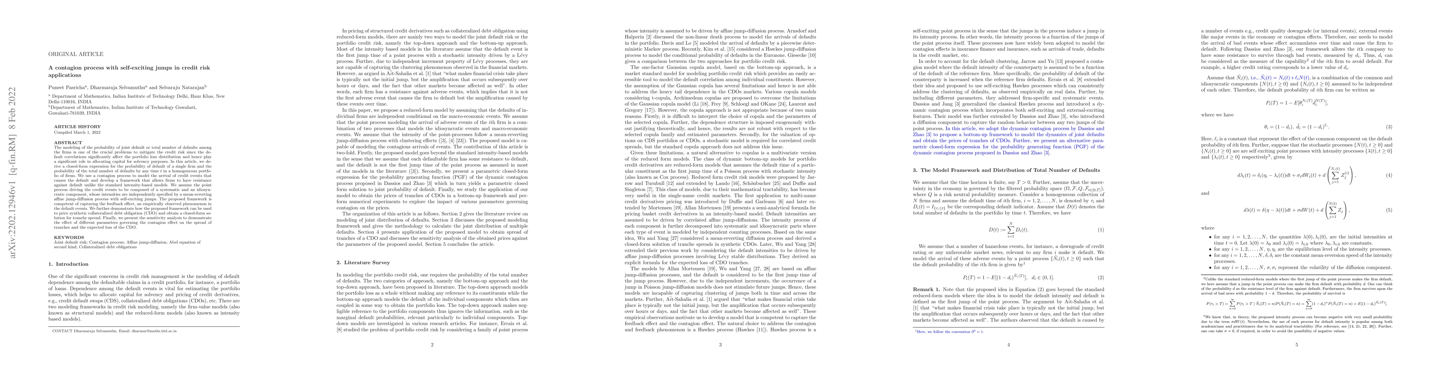 Thumbnail for A contagion process with self-exciting jumps in credit risk applications