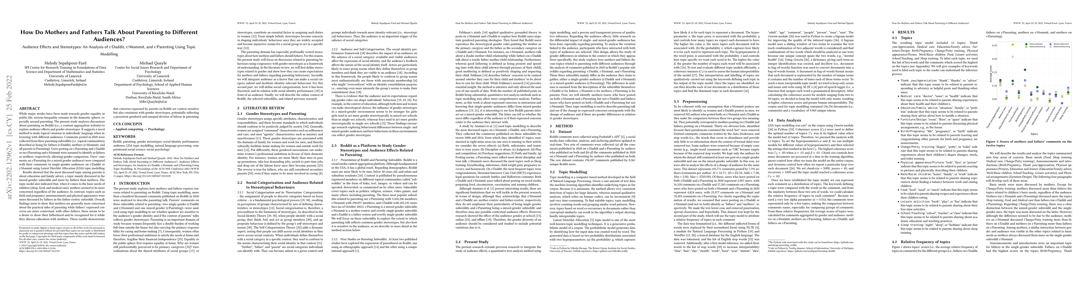 Thumbnail for How Do Mothers and Fathers Talk About Parenting to Different Audiences?:
  Stereotypes and Audience Effects: An Analysis of r/Daddit, r/Mommit, and
  r/Parenting Using Topic Modelling