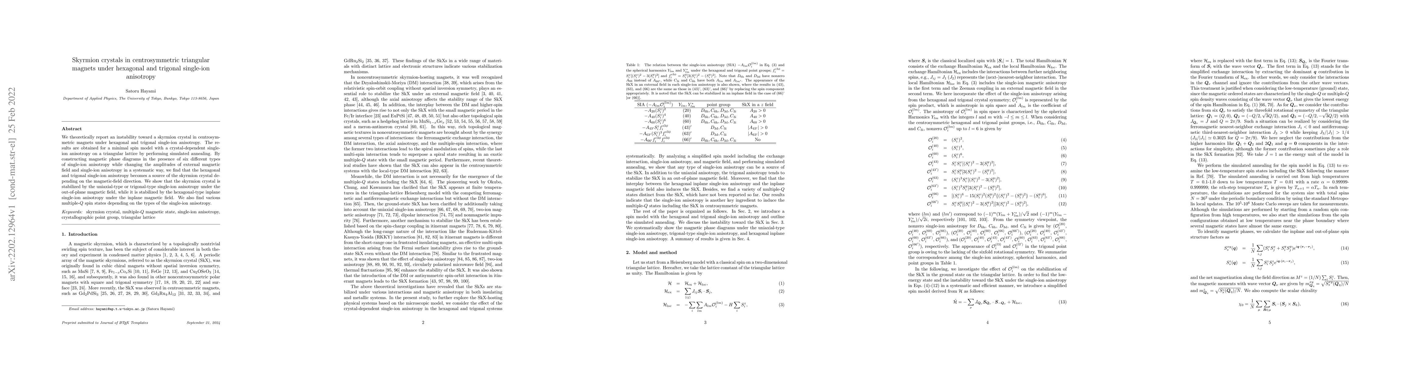 Thumbnail for Skyrmion crystals in centrosymmetric triangular magnets under hexagonal
  and trigonal single-ion anisotropy