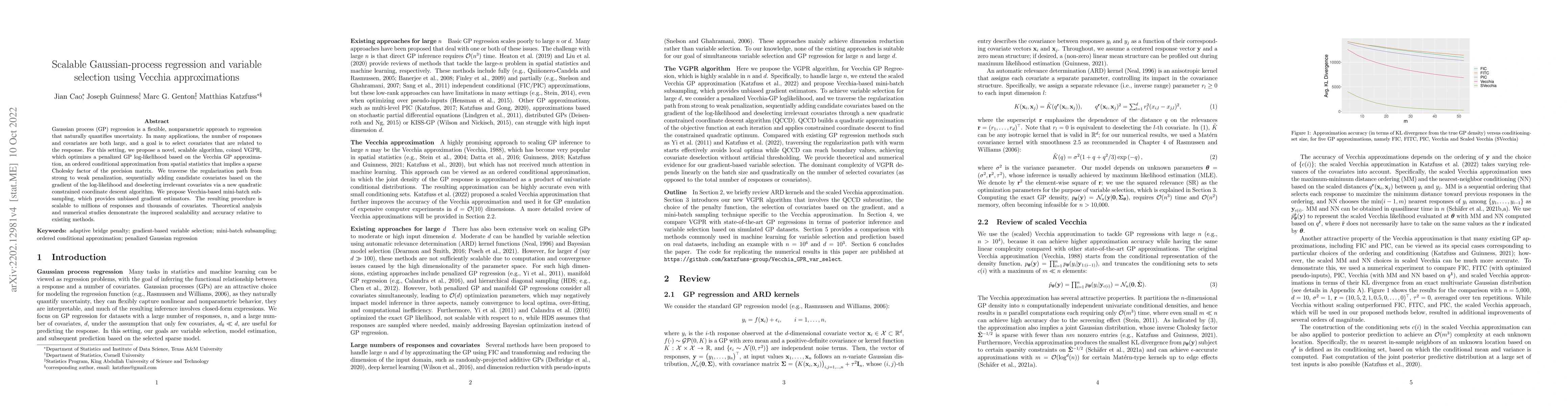 Thumbnail for Scalable Gaussian-process regression and variable selection using
  Vecchia approximations