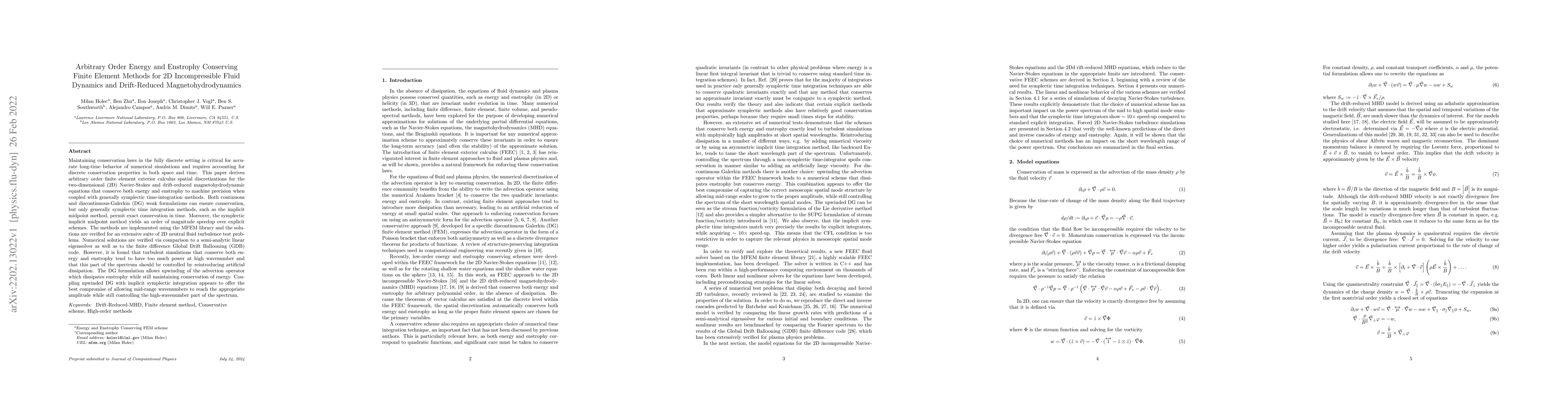 Thumbnail for Arbitrary Order Energy and Enstrophy Conserving Finite Element Methods
  for 2D Incompressible Fluid Dynamics and Drift-Reduced Magnetohydrodynamics