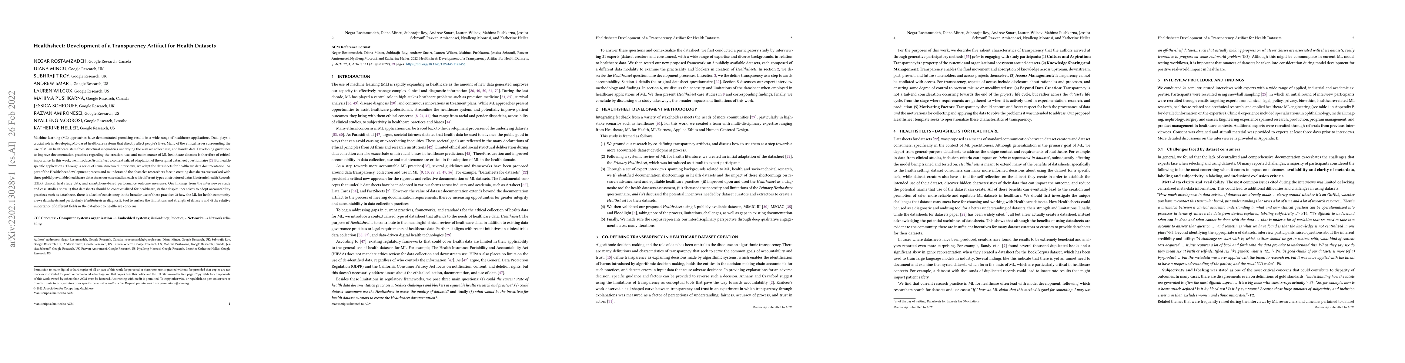 Thumbnail for Healthsheet: Development of a Transparency Artifact for Health Datasets
