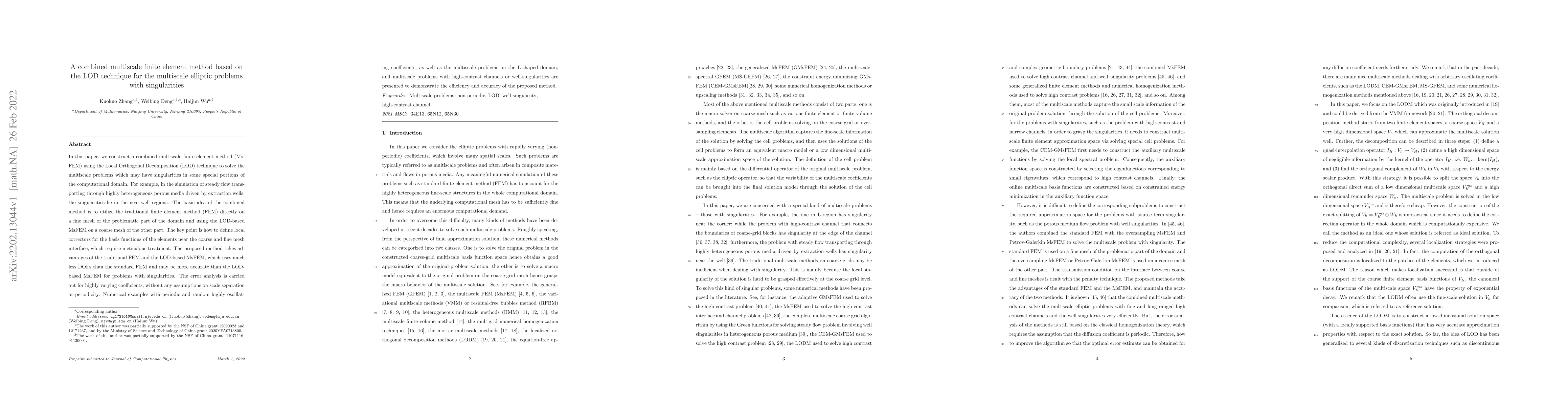 Thumbnail for A combined multiscale finite element method based on the LOD technique
  for the multiscale elliptic problems with singularities