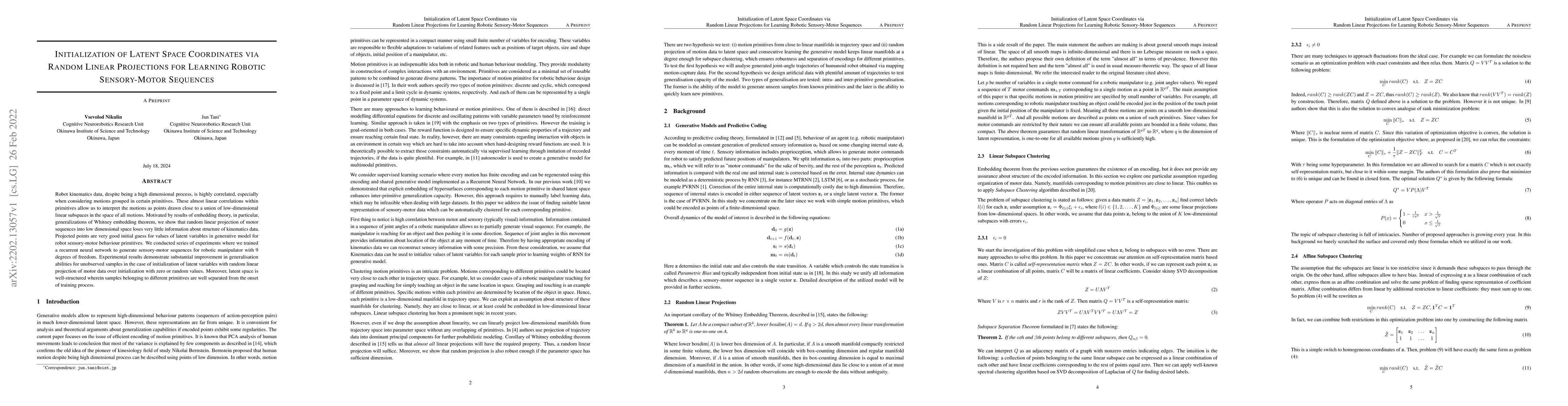 Thumbnail for Initialization of Latent Space Coordinates via Random Linear Projections
  for Learning Robotic Sensory-Motor Sequences