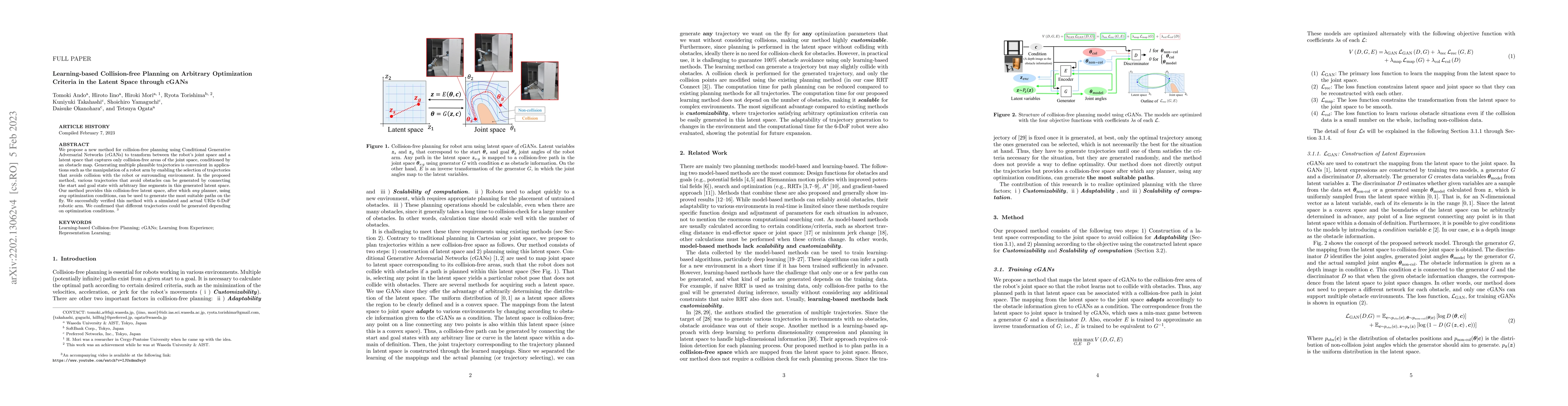 Thumbnail for Learning-based Collision-free Planning on Arbitrary Optimization
  Criteria in the Latent Space through cGANs