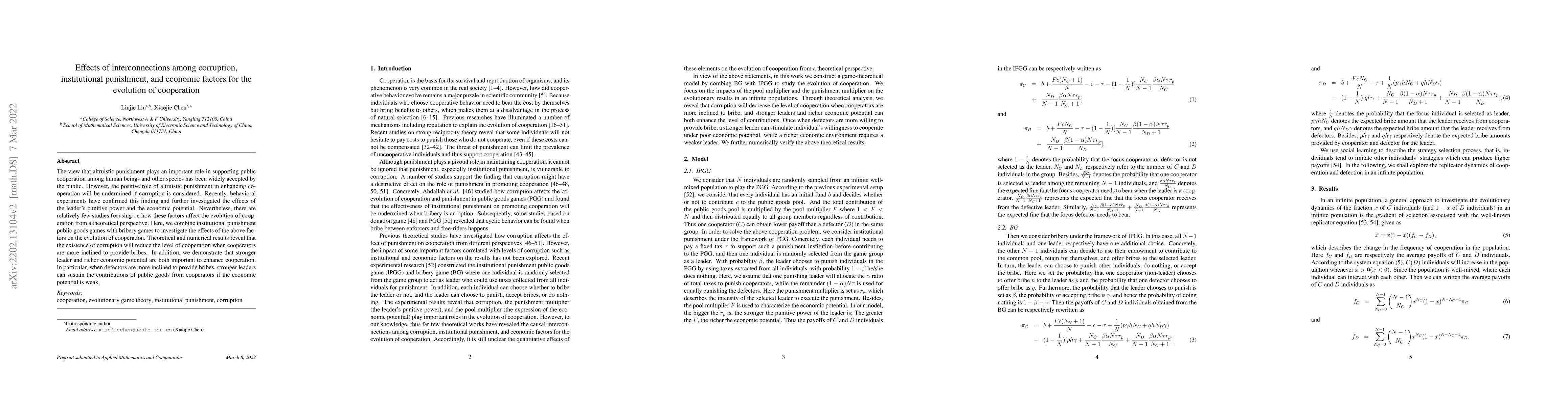 Thumbnail for Effects of interconnections among corruption, institutional punishment,
  and economic factors for the evolution of cooperation