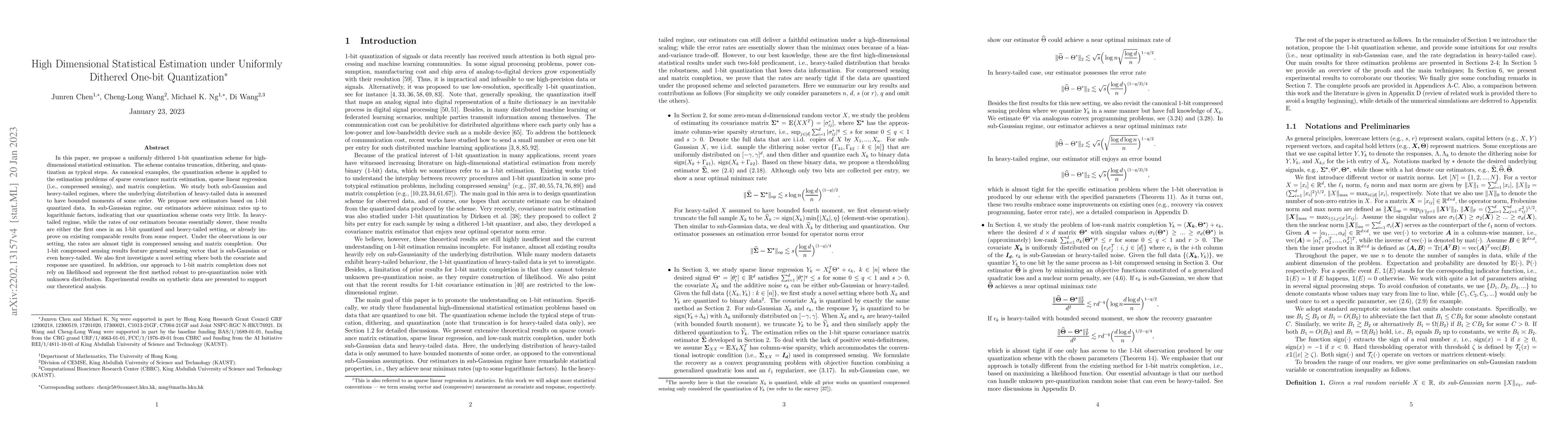 Thumbnail for High Dimensional Statistical Estimation under Uniformly Dithered One-bit
  Quantization
