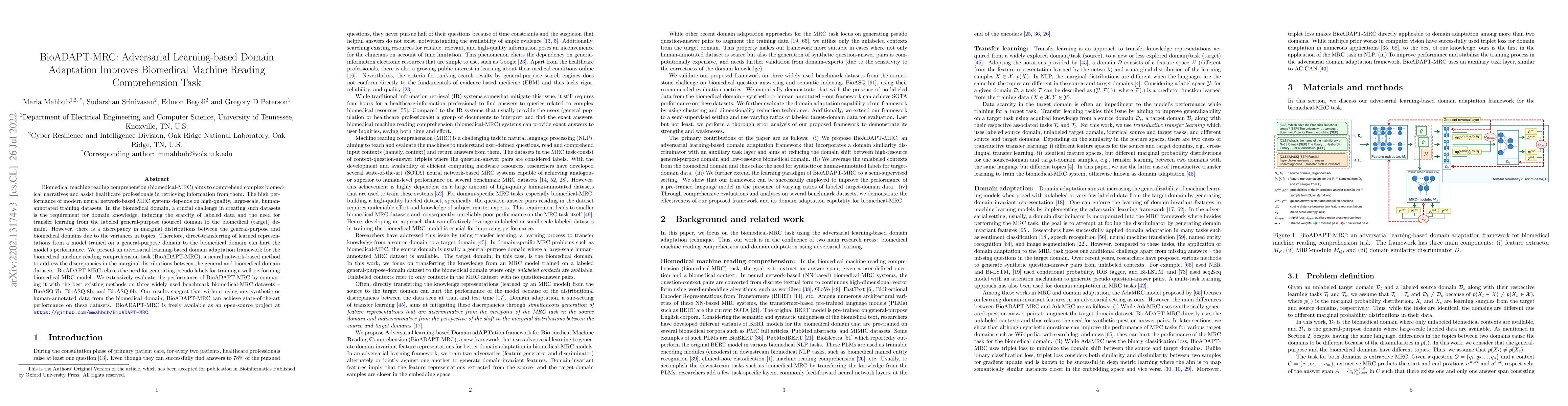 Thumbnail for BioADAPT-MRC: Adversarial Learning-based Domain Adaptation Improves
  Biomedical Machine Reading Comprehension Task