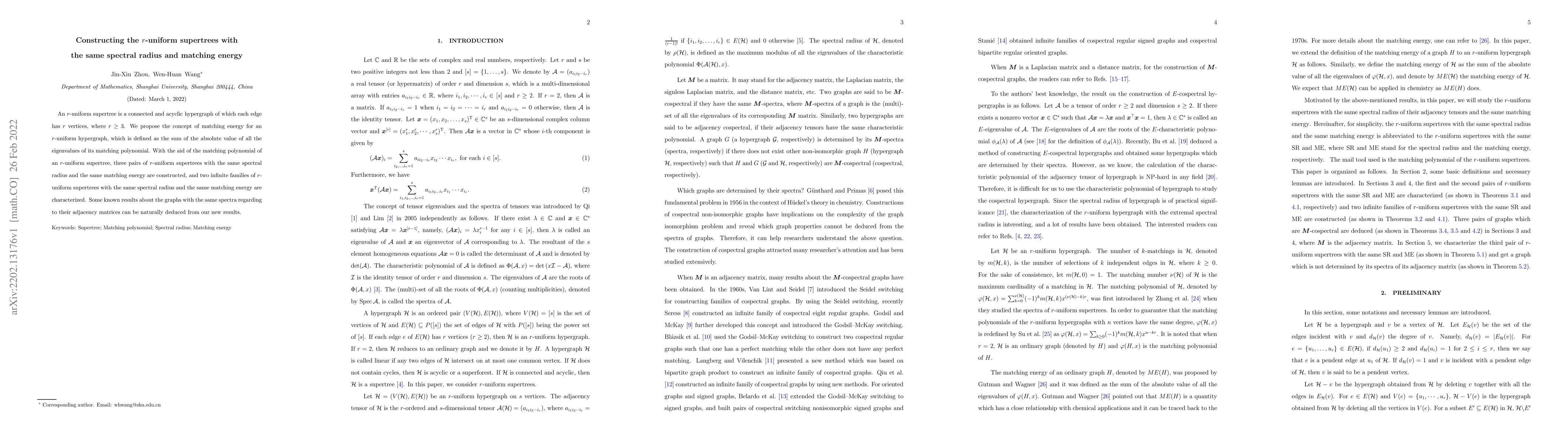 Thumbnail for Constructing the $r$-uniform supertrees with the same spectral radius
  and matching energyv