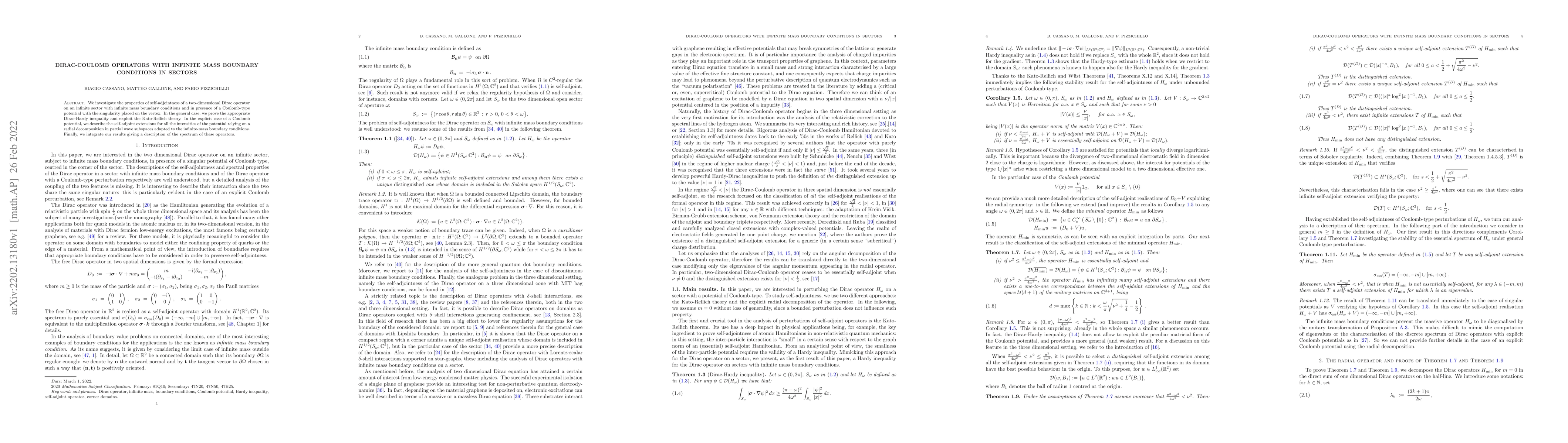 Thumbnail for Dirac-Coulomb Operators with Infinite Mass Boundary Conditions in
  Sectors