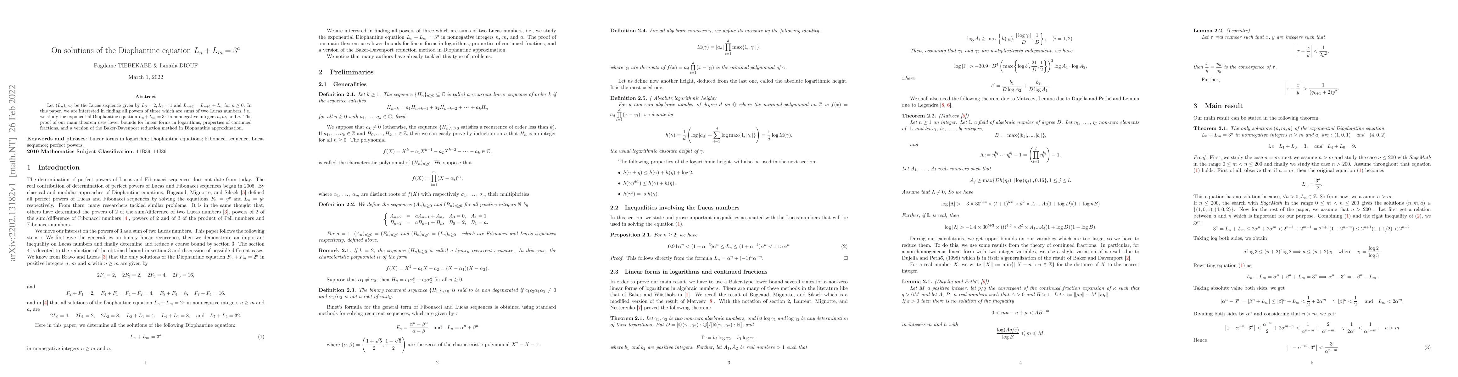 Thumbnail for On solutions of the Diophantine equation $L_n+L_m=3^a$