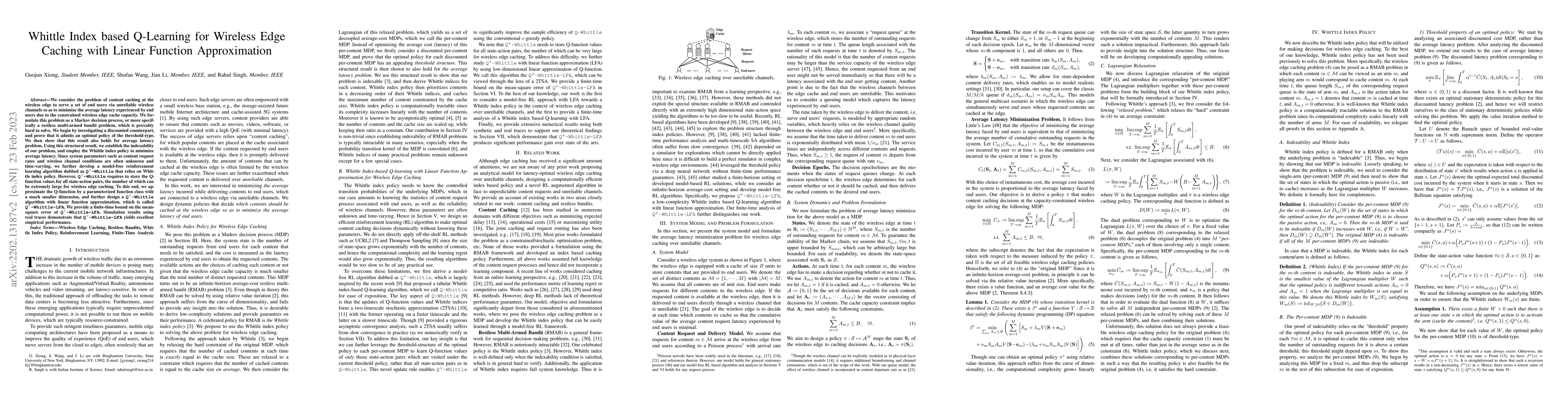 Thumbnail for Whittle Index based Q-Learning for Wireless Edge Caching with Linear
  Function Approximation