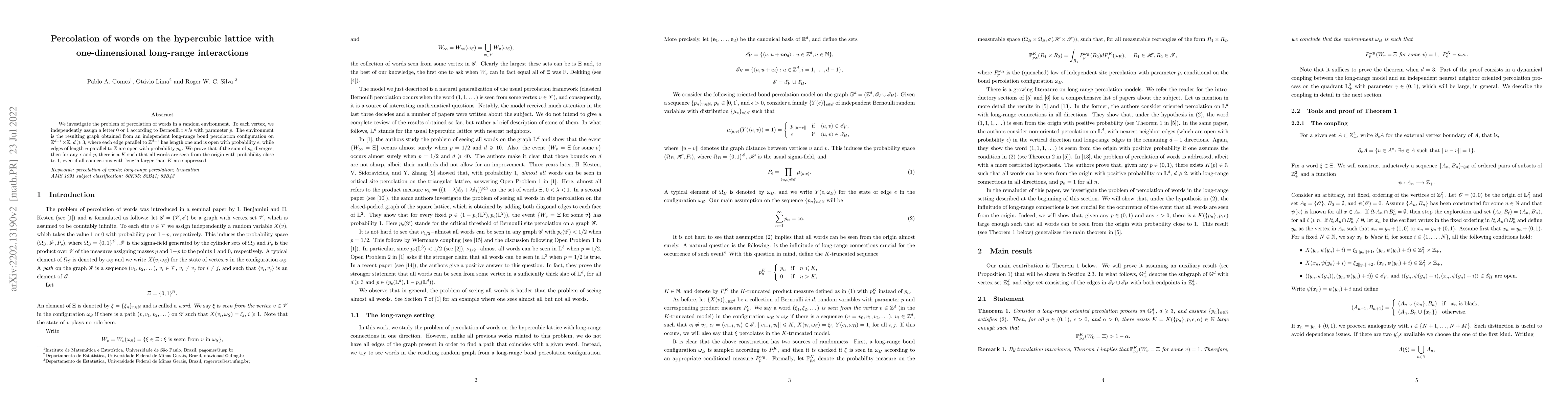 Thumbnail for Percolation of words on the hypercubic lattice with one-dimensional
  long-range interactions