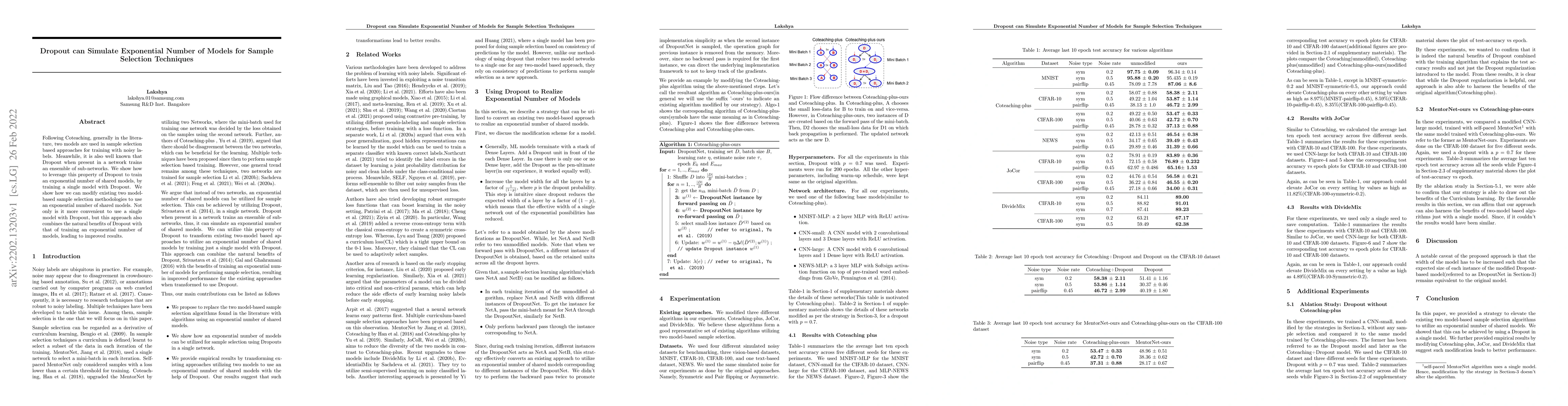 Thumbnail for Dropout can Simulate Exponential Number of Models for Sample Selection
  Techniques