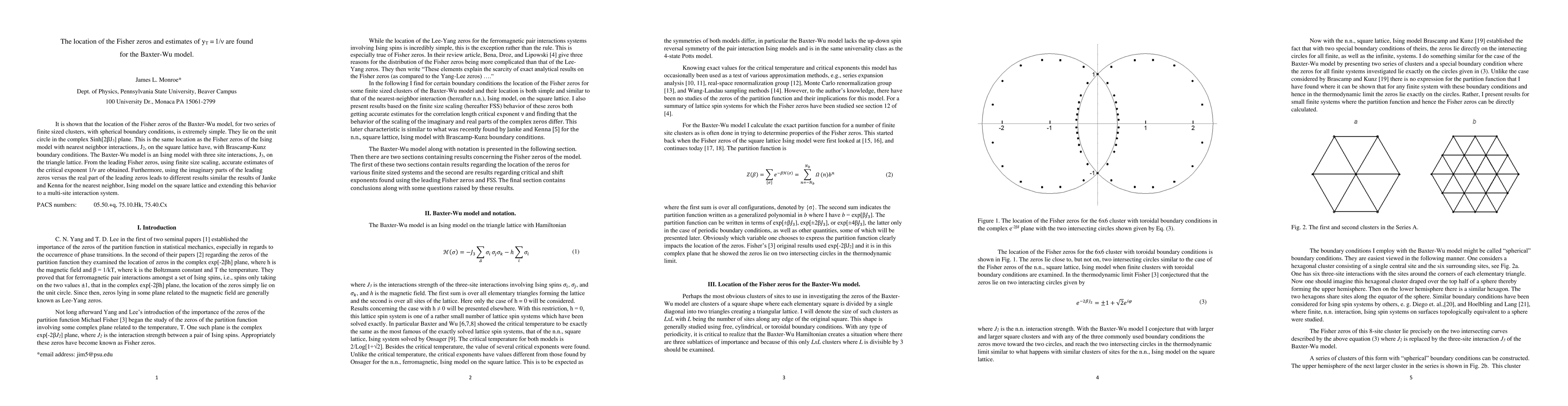 Thumbnail for The location of the Fisher zeros and estimates of yT = 1/{\nu} are found
  for the Baxter-Wu model