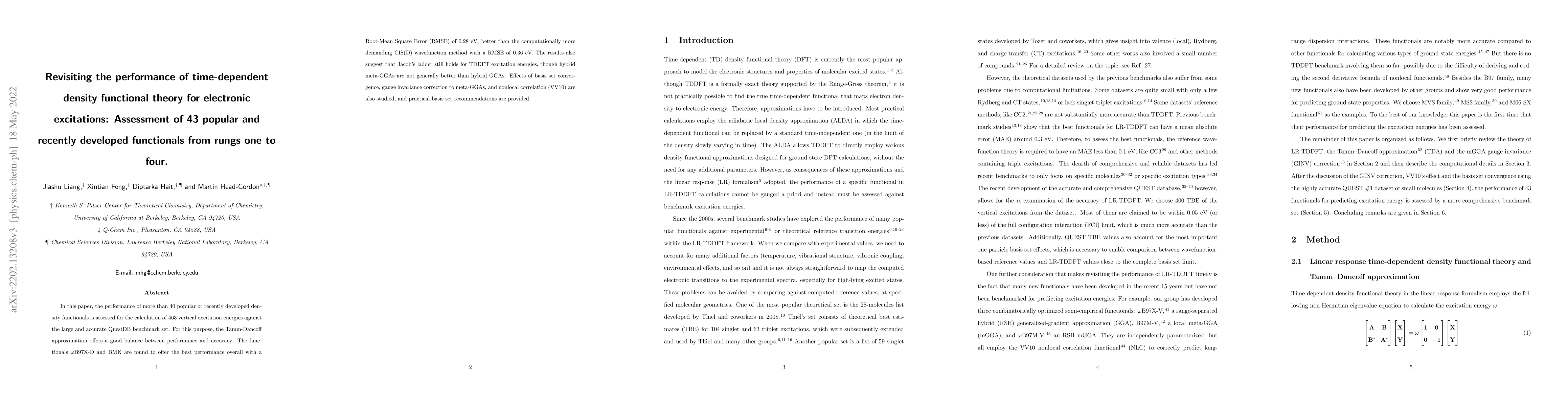 Thumbnail for Revisiting the performance of time-dependent density functional theory
  for electronic excitations: Assessment of 43 popular and recently developed
  functionals from rungs one to four