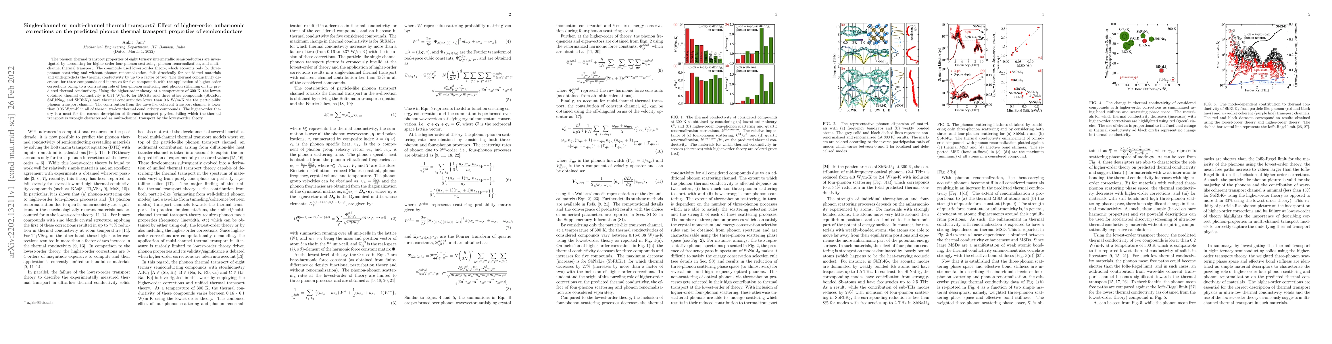 Thumbnail for Single-channel or multi-channel thermal transport? Effect of
  higher-order anharmonic corrections on the predicted phonon thermal transport
  properties of semiconductors