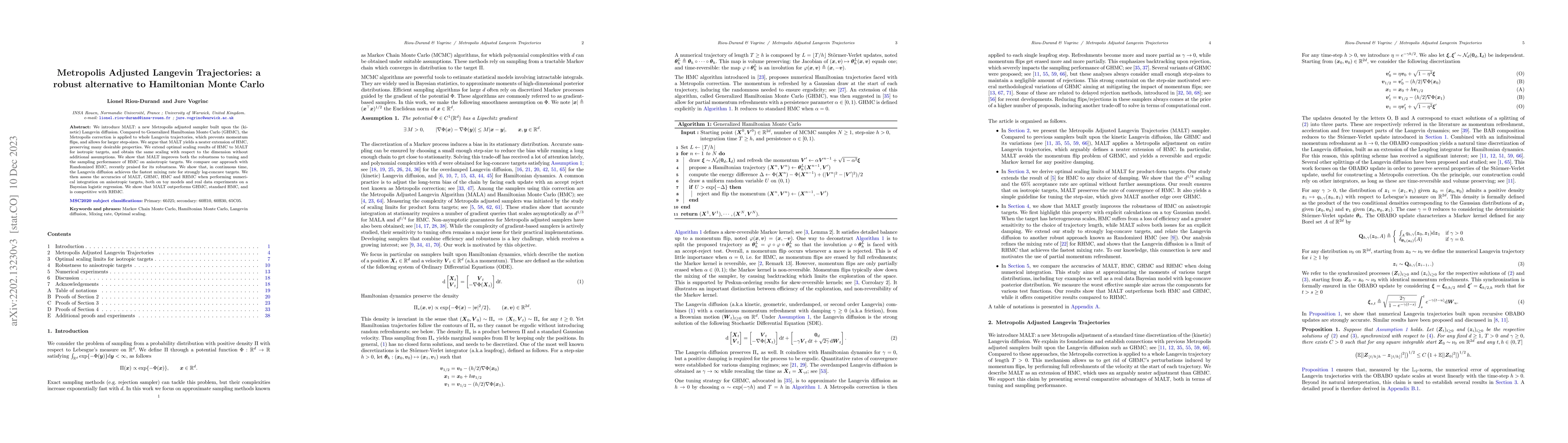 Thumbnail for Metropolis Adjusted Langevin Trajectories: a robust alternative to
  Hamiltonian Monte Carlo