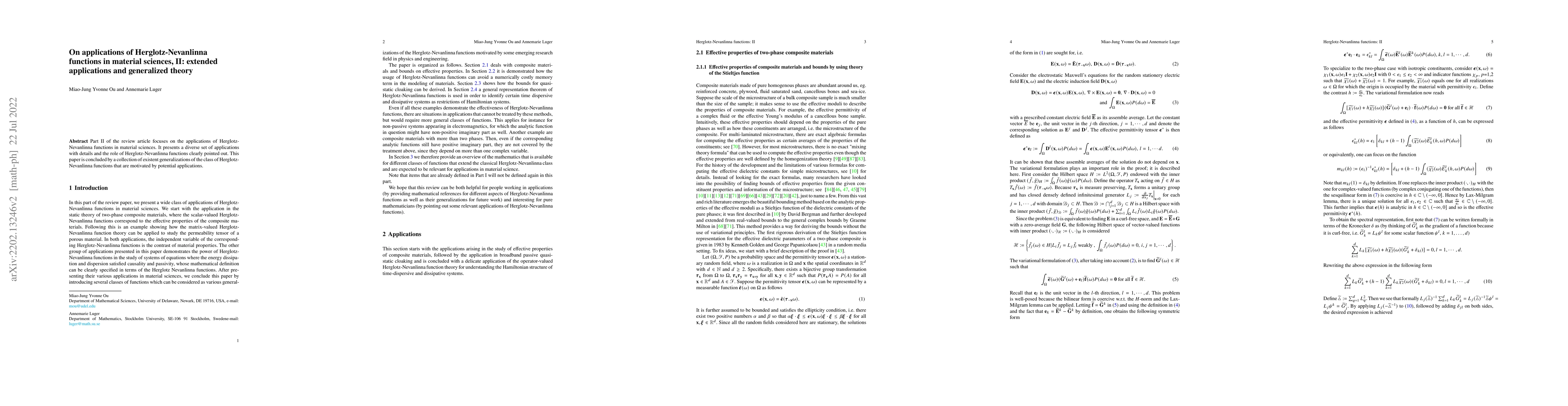 Thumbnail for On applications of Herglotz-Nevanlinna functions in material sciences,
  II: extended applications and generalized theory