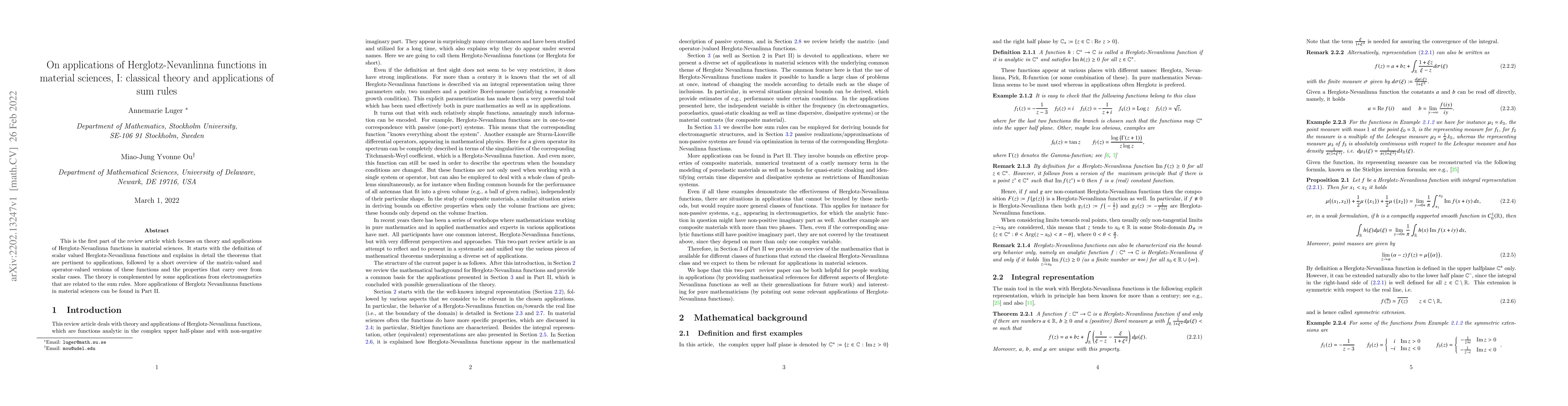 Thumbnail for On applications of Herglotz-Nevanlinna functions in material sciences,
  I: classical theory and applications of sum rules