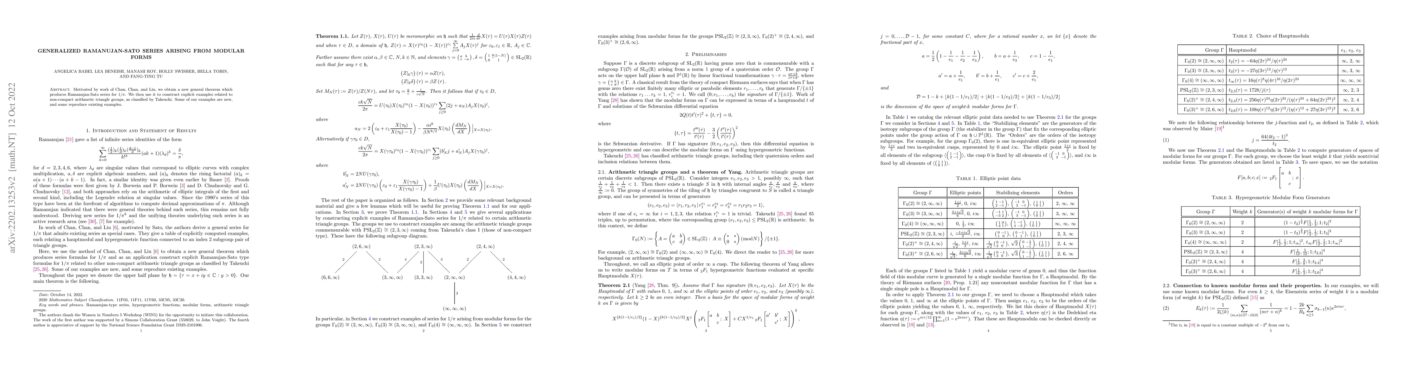 Thumbnail for Generalized Ramanujan-Sato Series Arising from Modular Forms