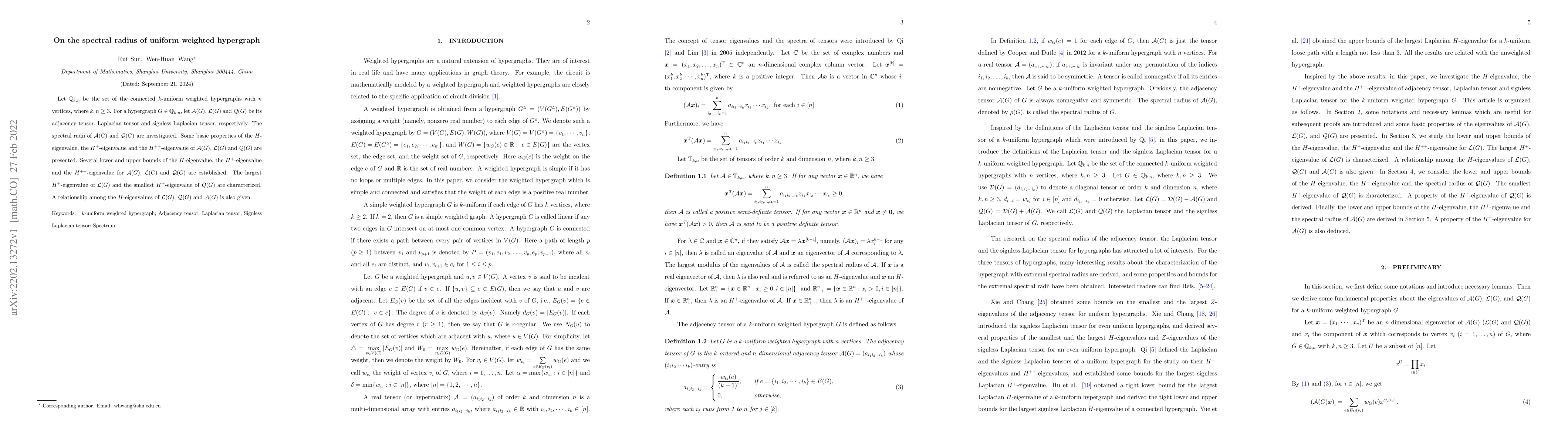 Thumbnail for On the spectral radius of uniform weighted hypergraph