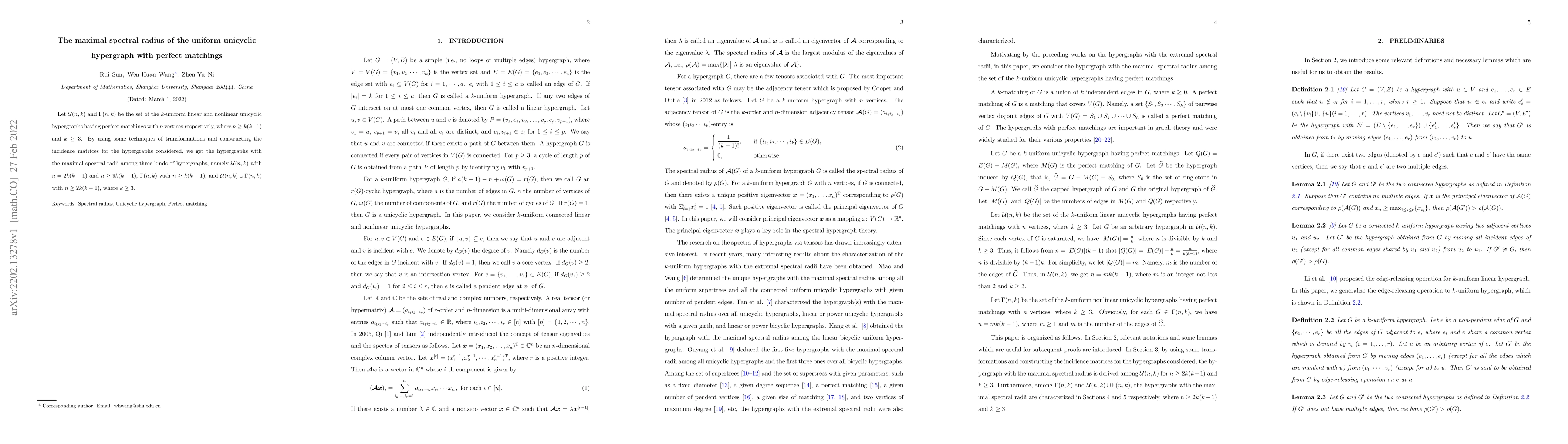 Thumbnail for The maximal spectral radius of the uniform unicyclic hypergraph with
  perfect matchings