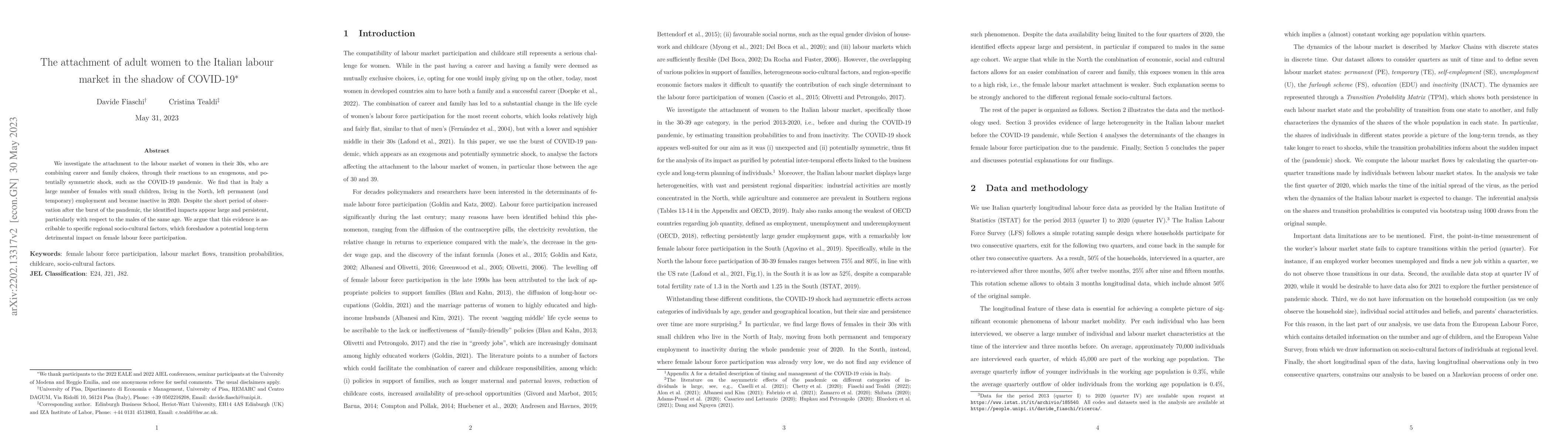 Thumbnail for The attachment of adult women to the Italian labour market in the shadow
  of COVID-19