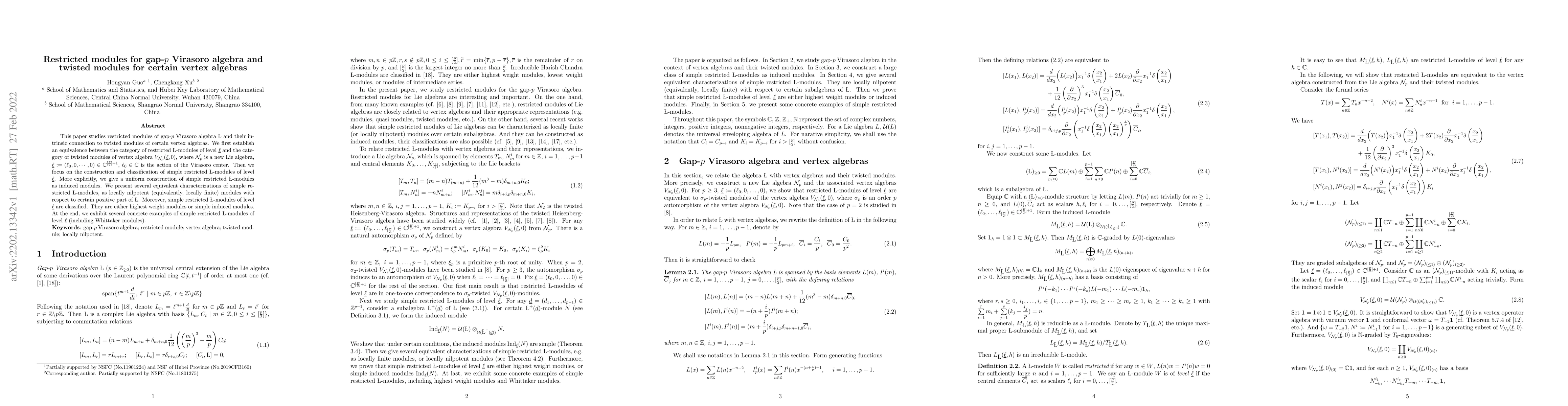 Thumbnail for Restricted modules for gap-$p$ Virasoro algebra and twisted modules for
  certain vertex algebras